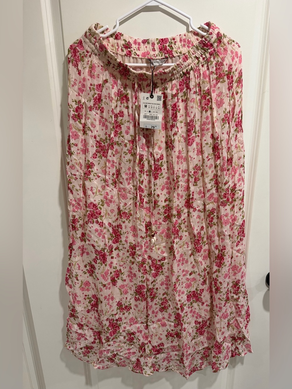 Zara Floral Crinkle Maxi Skirt Medium Pink White Bohemian Spring Summer NWT NEW
